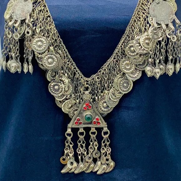 Tribal Kuchi Necklace, Silver Necklace With Dangling Tassels Exotic Collectible - Picture 2 of 9